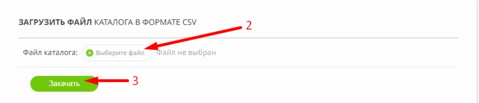 Загрузка файла каталога CSV: кнопки «Выберите файл» и «Закачать»